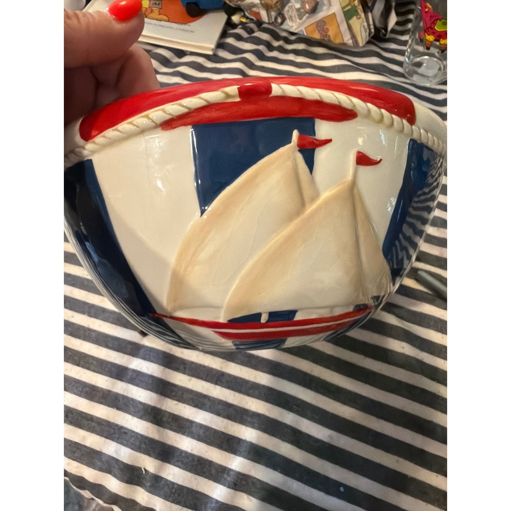 American Atelier Nautical Ceramic Serving Bowl Sailboat 3D Embossed Red Blue 10"